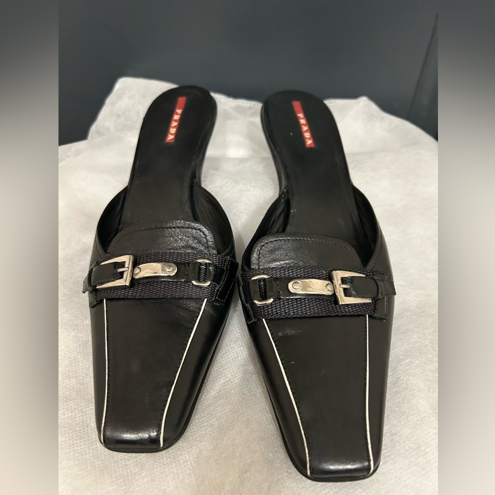 Prada Black Leather Mules with Buckle Detail